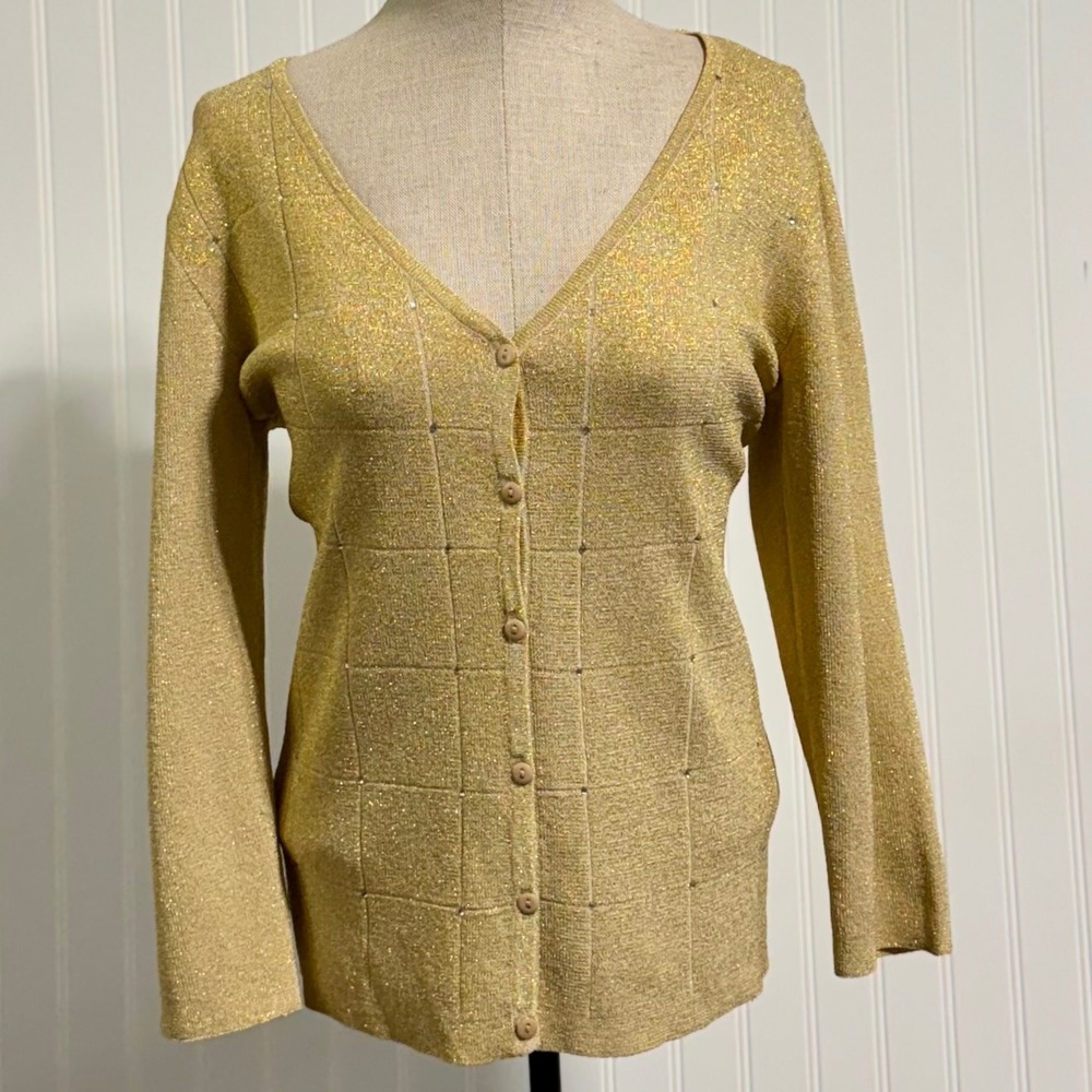 Finity Cardigan Sweater Womens M Metallic Gold Lurex Rhinestone VNeck 3/4 Sleeve